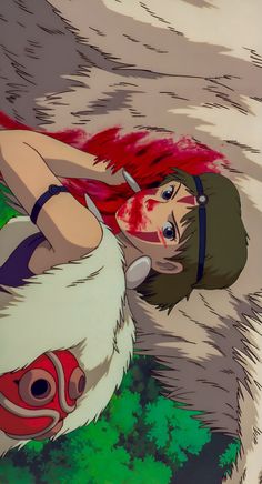 an anime character with red hair and white fur