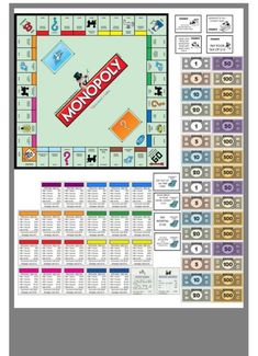 the monopoly board game is shown in multiple colors