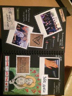 an open notebook with pictures and writing on it