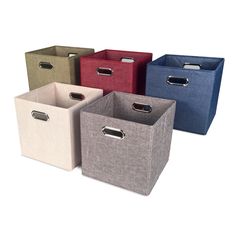 four different colored storage bins with handles