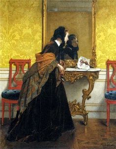 a painting of two women sitting at a table with a mirror in front of them