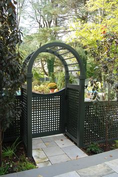 an outdoor garden with a green gate and stone walkway