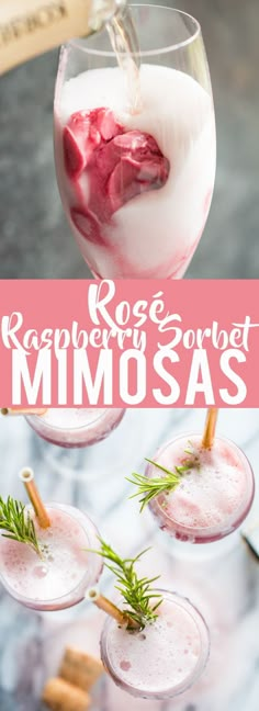 rose raspberry sorbet mimosas with rosemary garnishes