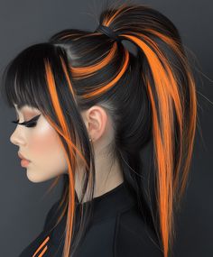 Hair Roulette: Spin for Fall Hair  🎡 Dyed Hair Inspiration Unique, Ombré Colored Hair, Black And Orange Highlights, Colored Fringe Hair, Alt Hair Colors Ideas, Black Hair With Highlights Color, Creative Color Placement Hair, Cute Split Dyed Hair, Black With Orange Highlights