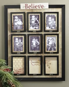 a family photo hanging on the wall with christmas decorations