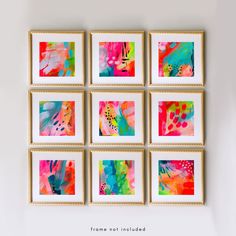 six framed art pieces hanging on the wall with text overlay that reads frames not included