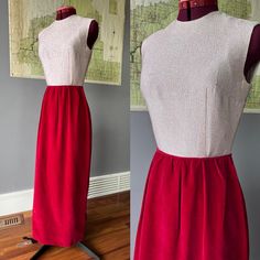 1960s Lux column gown in metallic Lurex silver and rich burgundy velvet. A column skirt fixed to a fitted top, with the back  split open for a bit of a gaping effect. Sleeveless, simple, elegant. Beautifully handmade, the skirt is fully lined. Nylon zipper closes the back seam, with a hook at the waist and back neck. Condition: excellent vintage condition. Labels/tags: none Measurements:  -bust 34"  -waist up to 25"  -overall length 53" *To ensure a great fit, we recommend comparing the measurements above to a similar garment you own and love to wear, as sizing varies across the decades.  *If ordering more than one item, I will adjust shipping costs and refund the difference as shipping has been added into my pricing.  *All of my pieces are vintage and may have some wear. I will show or me 1960s Velvet Dress, Velvet Maxi, Column Skirt, Velvet Maxi Dress, Rich Burgundy, Burgundy Velvet, Column Gown, Fitted Top, Simple Elegant