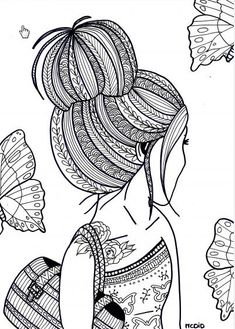 a drawing of a girl with butterflies around her neck and back, in black and white