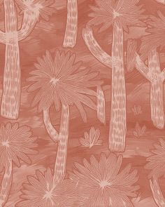 an orange and white drawing of cactus trees with flowers in the foreground, on a pink background