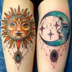 two sun and moon tattoos on both legs, one is showing the same color as the other