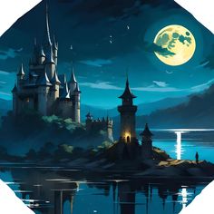 an image of a castle at night with the moon in the sky and water behind it