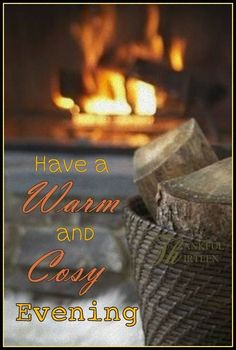 there is a fire in the fireplace and it says have a warm and cozy evening