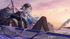 an anime character sitting on the edge of a boat