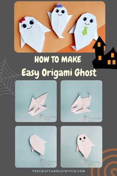 Origami Ghost Ghost Leaf Craft, Ghost Origami Easy, Halloween Origami Step By Step, Easy October Crafts, Halloween Crafting Ideas, Paper Bookmark Ideas, Easy Origami Step By Step