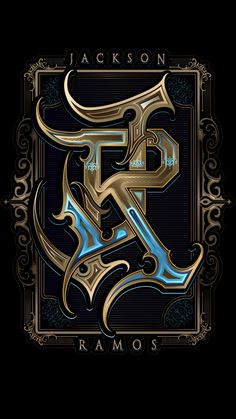 the letter f in gold and blue on a black background with an ornate border around it