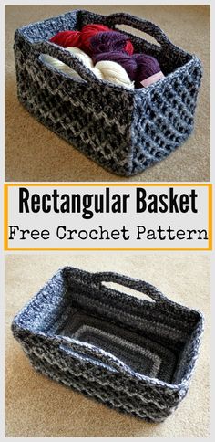 a crochet basket with yarn in it and the words rectangular basket free crochet pattern