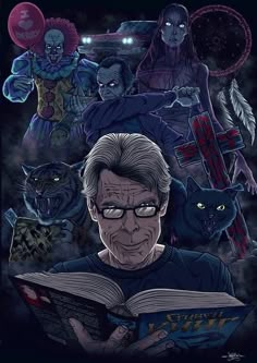 an image of a man reading a book surrounded by creepy cats and other scary things