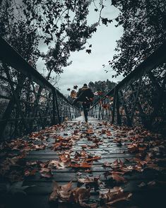 a person walking across a bridge with leaves on the ground