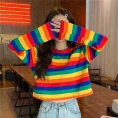 Long Sleeve Cute Rainbow Striped Shirt – Nada Outfit Land Rainbow Shirt Outfit, Rainbow Striped Shirt, Casual Blouse Shirts, Cute Rainbow, Rainbow Shirt, Cropped Shirt, Leather Mini Skirts