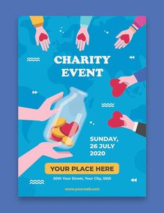 charity event poster with hands holding heart in jar