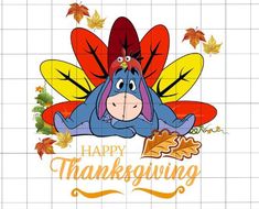 a cartoon thanksgiving turkey with the words happy thanksgiving on it's face and leaves around it