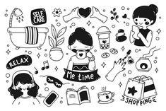 black and white illustration of various items that say i'm time