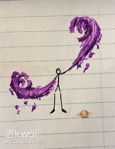 a drawing of a stick figure holding the string of a purple kite with saturn in the background