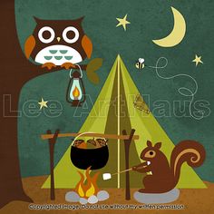 an owl sitting on top of a tree next to a campfire with food in it