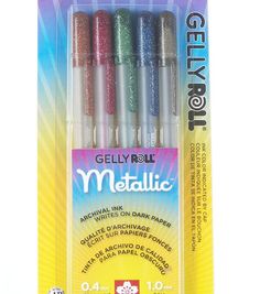 four different colors of metallic glitter pens in a package on a white background with the packaging