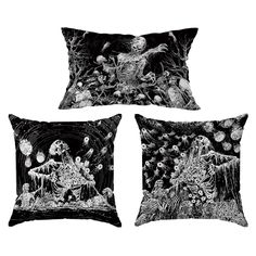 three pillow cases with black and white images on the front, one has an image of skeletons