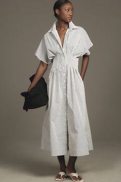 Tailored to perfection, the Tobie Shirt Dress is on top of everyone’s mind – with its classic collar, exaggerated sleeves, and waist-defining pleats. | The Tobie Button-Front Pleated Shirt Dress by Exquise, Women's, Size: M P, Polyester/Cotton/Elastane at Anthropologie Pleated Shirt Dress, Pleated Shirt, Button Front Dress, Midi Shirt Dress, Button Dress, Anthropologie Dress, Cozy Knits, Buy Dress, Elegant Dress