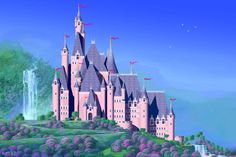 an animated castle is shown in the middle of a green field with trees and flowers