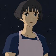 an animated image of a woman with black hair and blue eyes, standing in the dark