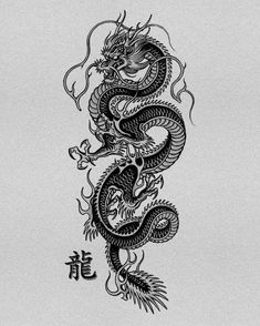 a black and white drawing of a dragon with chinese characters on it's back