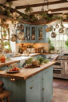 a kitchen filled with lots of pots and pans on top of a wooden counter