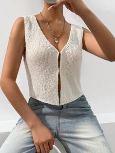 Beige Casual Collar Sleeveless Fabric Plain  Embellished Medium Stretch Spring/Fall Women Clothing Outfit Viaje, Pregnant Clothes, Business Major, Cute White Tops, Shein Summer, Italy Vibes, Womens Knitting Patterns, Engagement Photo Outfit, Clothes Wardrobe