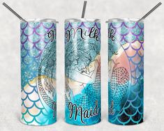 three tumbles with mermaid images on them