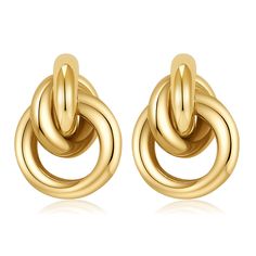 pair of gold toned earrings with interlinked circles on white background, front view