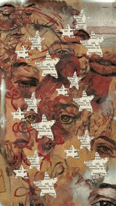 a collage of many different faces with words written on them and stars in the middle