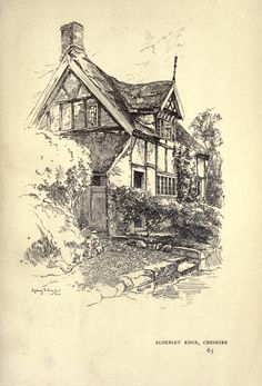 an old house with a thatched roof is shown in black and white ink on paper