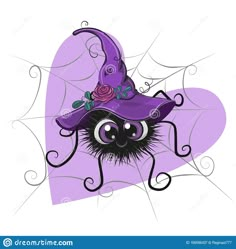 a purple witch hat with black hair and flowers on it, sitting in front of a heart