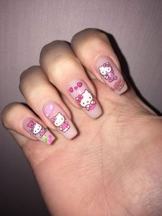 Nails With Hello Kitty Stickers, Hello Kitty Sticker Nails, Cute Nails For Birthday, Present Nails, Nails For Birthday, Christmas Present Nails, Snoopy Nails, Birthday Nail Art