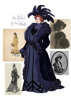 an illustration of a woman in a long coat and hat with feathers on her head