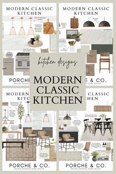 the modern classic kitchen is featured in this graphic design book, which features an assortment of furniture and accessories