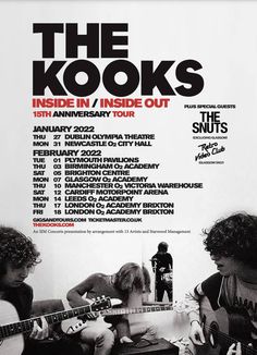 an advertisement for the kooks concert with two men playing guitars in front of them