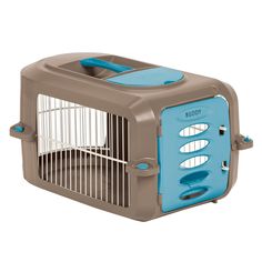 a small blue and brown birdcage on a white background