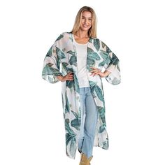 Sophisticated and simple, this women's kimono style topper from Linda Anderson is the perfect accessory to finish your outfit, for anything from a night on the town to a trip to the grocery store.Sophisticated and simple, this women's kimono style topper from Linda Anderson is the perfect accessory to finish your outfit, for anything from a night on the town to a trip to the grocery store. How do you accessorize? Check out our ACCESSORIES GUIDE for essential tips to elevate your style with must- Chic Summer Outerwear For Loungewear, Long One Size Kimono For Day Out, One Size Kimono With Kimono Sleeves For Day Out, Beach Outerwear With Kimono Sleeves One Size, Beach Outerwear With Kimono Sleeves, Kimono For Vacation In Fall, Long Kimono For Day Out, Fall Beach Kimono With Kimono Sleeves, Chic Spring Kimono For Day Out