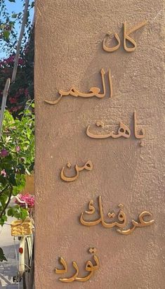 arabic writing on the side of a building in front of some pink and purple flowers