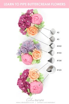 Learn how to pipe buttercream flower cupcakes - Buttercream rose, peonies and hydrangeas Flower Bouquet Cupcakes, Bouquet Cupcakes, Buttercream Flowers Cupcakes, Resipi Kek, Săpunuri Handmade, Cupcake Decorating Tips, Cake Piping