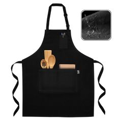 a black apron with wooden utensils in it